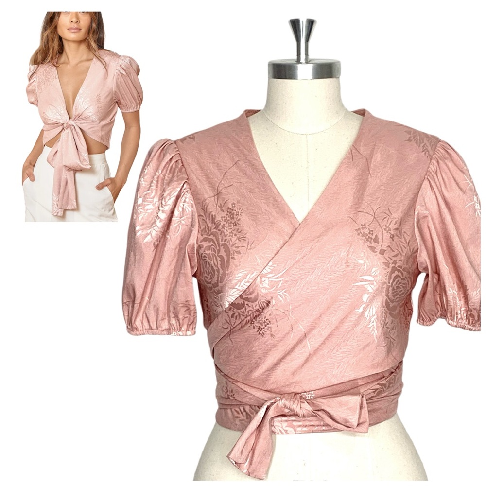 Lulus Live Your Dreams Blush Pink Puff Sleeve Tie-Front Top Size Medium